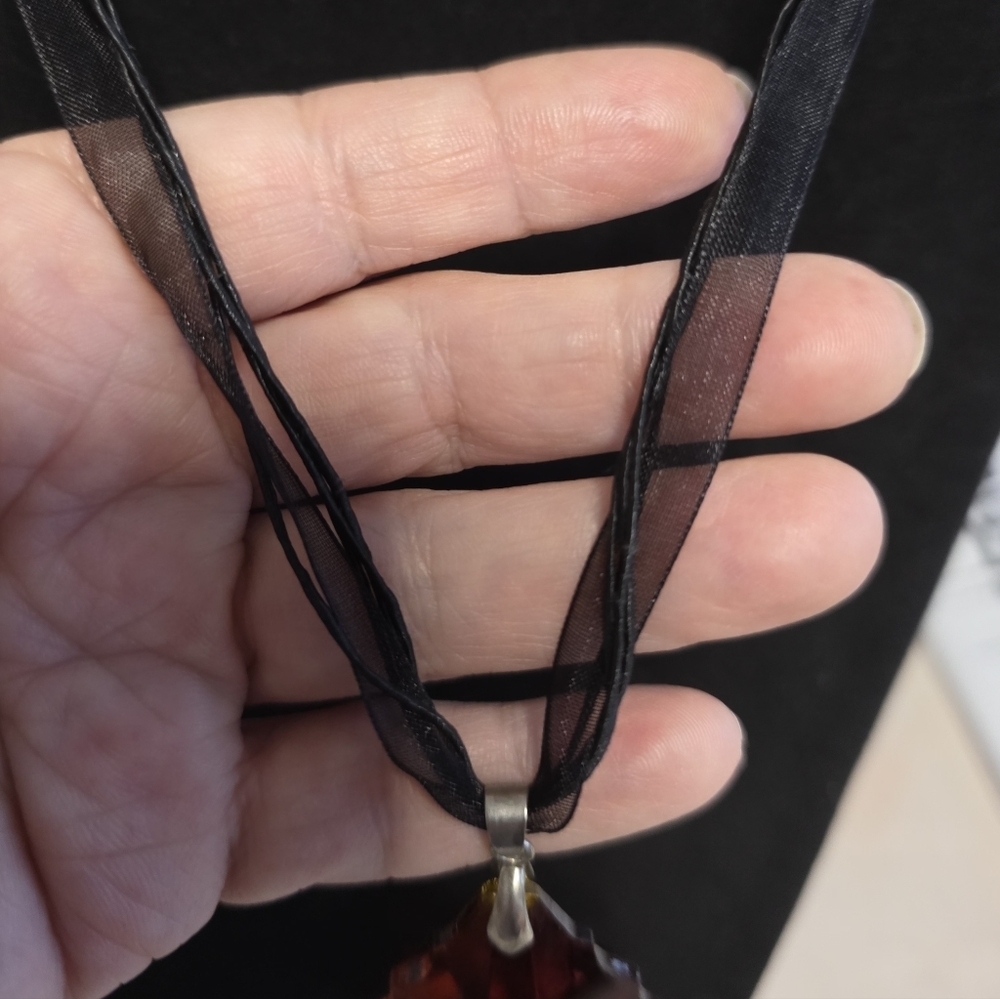 Amber Glass Pendant With Black Ribbon Cord Necklace - Picture 5 of 6